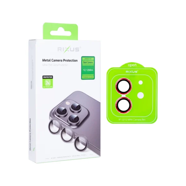 Rixus For iPhone 12, 12 Mini Metal Shield Camera Tempered Glass Red Rixus For iPhone 12, 12 Mini Metal Shield Camera Tempered Glass Red