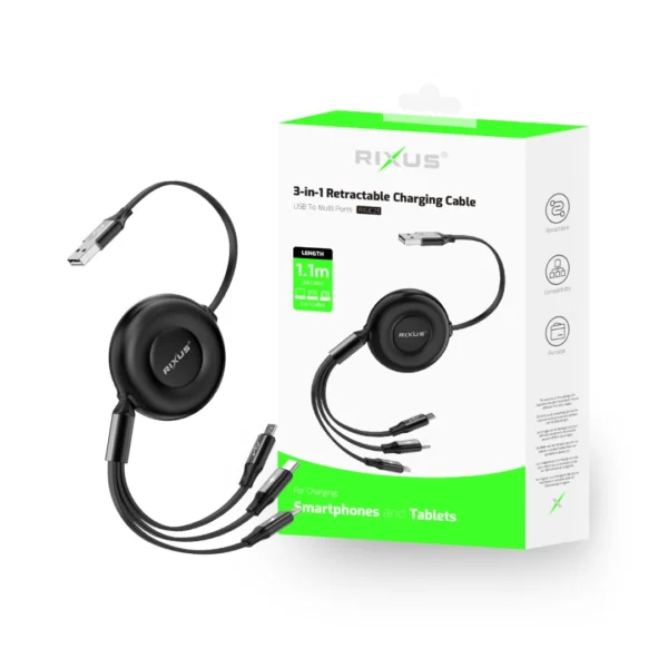 Rixus RXUC25 Multi Charging 3 In 1 Retractable Fast Charger Cable Black Rixus RXUC25 Multi Charging 3 In 1 Retractable Fast Charger Cable Black