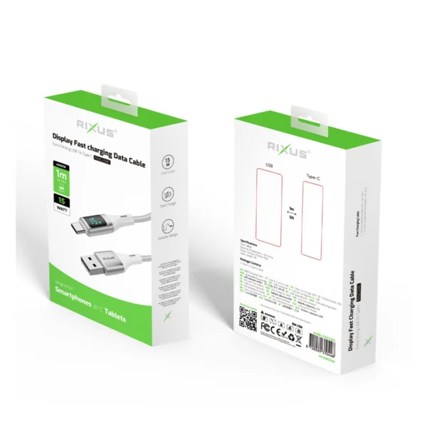 Rixus RXUC29AC Braided USB-A To USB-C Cable With LED Display White